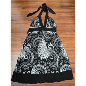 Wet Seal Black & White Halter Dress Paisley Print- Size S- Y2K Tie Neck Mini